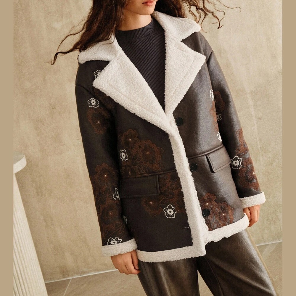 Brown Faux Shearling Floral Embroidered Lapel Collar Coat